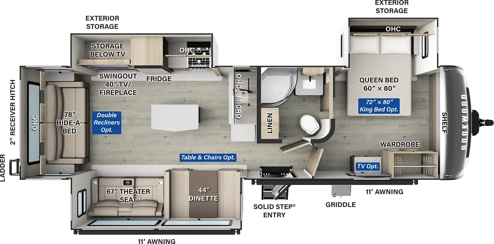 The Rockwood Ultra Lite Travel Trailers 2906BS has one entry and three slide outs. Exterior features include: fiberglass exterior and 11' & 11' awning. Interiors features include: kitchen island, free-standing dinette option, front bedroom and rear living.